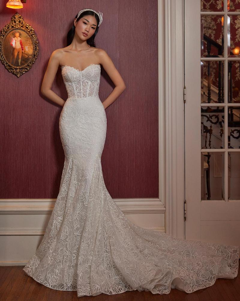 La23242 strapless mermaid wedding dress with gloves and lace3